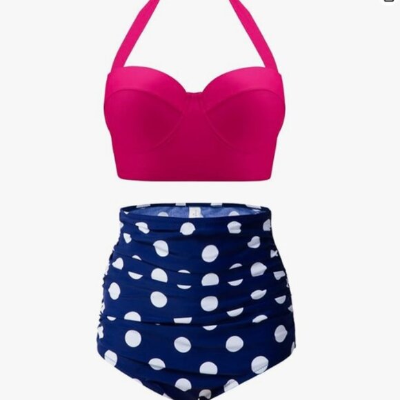 Retro Polka High Waisted Underwire Bikini Two Piece - Picture 1 of 9